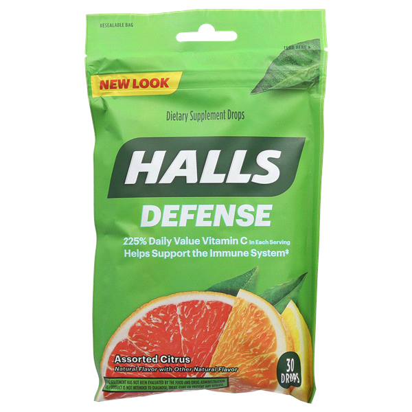 slide 1 of 1, Halls Defense Vitamin C Citrus Supplement Cough Drops Bag, 30 ct