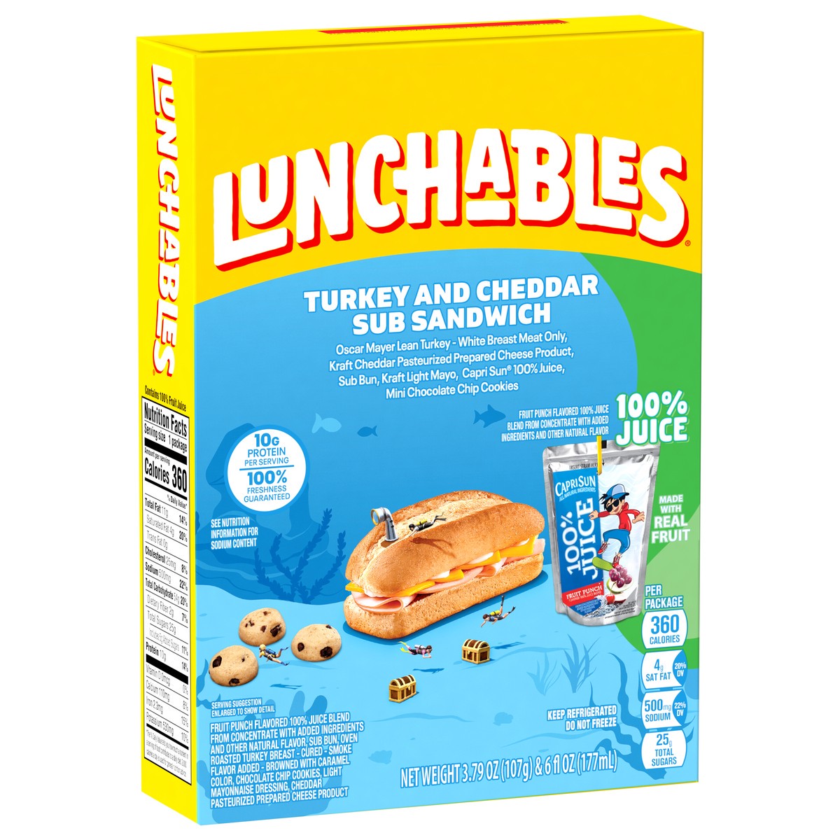 slide 6 of 9, Lunchables Turkey Cheddar Sub Sandwich with Mini Chocolate Chip Cookies and Capri Sun 100% Juice Fruit Punch, 9.8 oz Box, 10.2 oz
