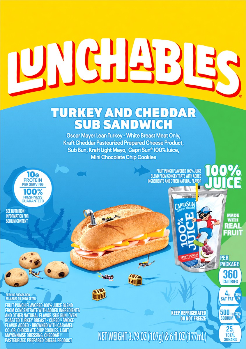 slide 4 of 9, Lunchables Turkey Cheddar Sub Sandwich with Mini Chocolate Chip Cookies and Capri Sun 100% Juice Fruit Punch, 9.8 oz Box, 10.2 oz
