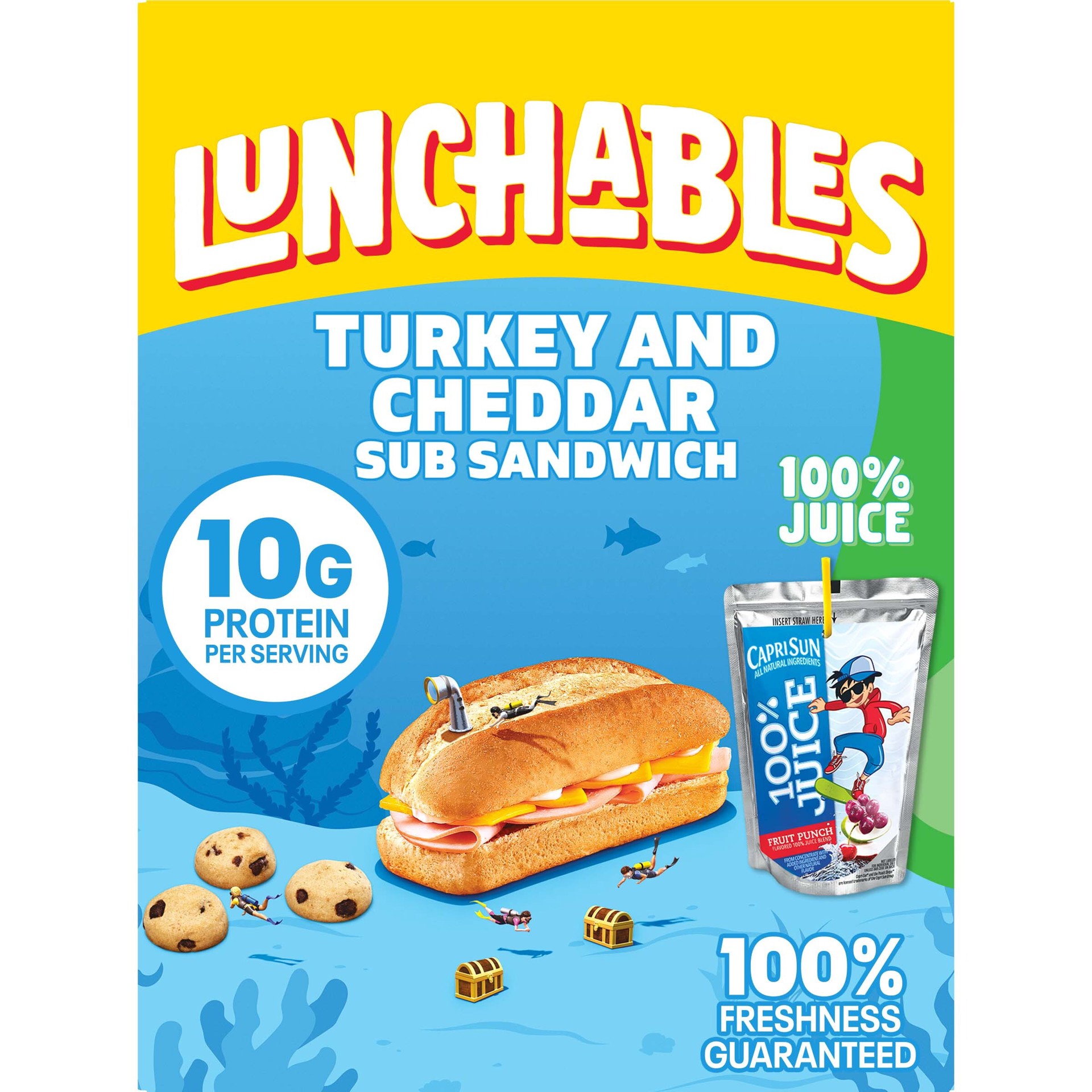 slide 1 of 9, Lunchables Turkey Cheddar Sub Sandwich with Mini Chocolate Chip Cookies and Capri Sun 100% Juice Fruit Punch, 9.8 oz Box, 10.2 oz