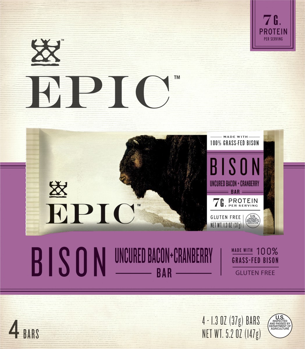 slide 4 of 8, EPIC Bison Bacon Cranberry Bars, Paleo Friendly, Gluten Free, 4 ct, 1.3 oz Bars, 4 ct