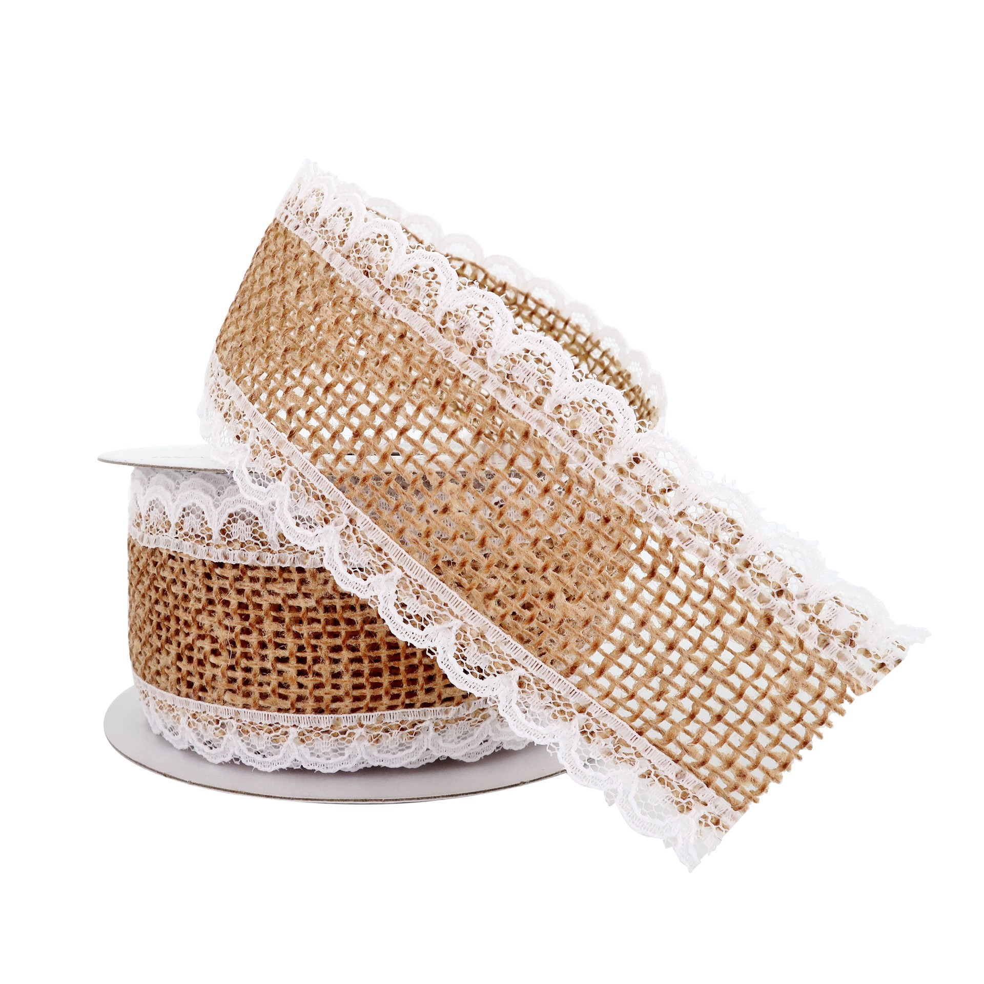 slide 4 of 4, 1.5" X 3yd. Faux Burlap With Lace Edging Ribbon By Celebrate It Classic, 1.5 in x 3 yd