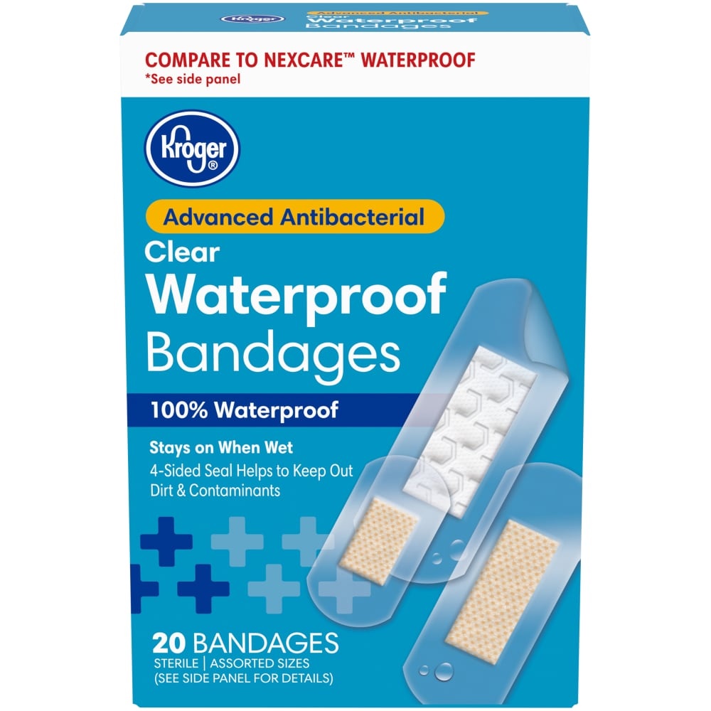 slide 1 of 1, Kroger Advanced Antibacterial Waterproof Bandages Assorted Sizes, 20 ct