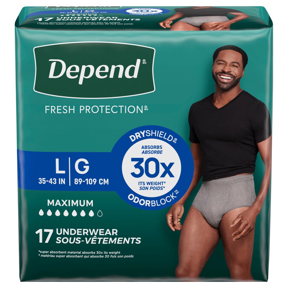 slide 1 of 3, Depend Fresh Protection Adult Incontinence Underwear for Men, Disposable, Maximum, Large, Grey, 17 Count, 17 ct