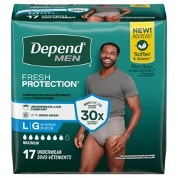 Depend Fresh Protection Adult Incontinence Underwear for Men, Disposable, Maximum, Large, Grey, 17 Count