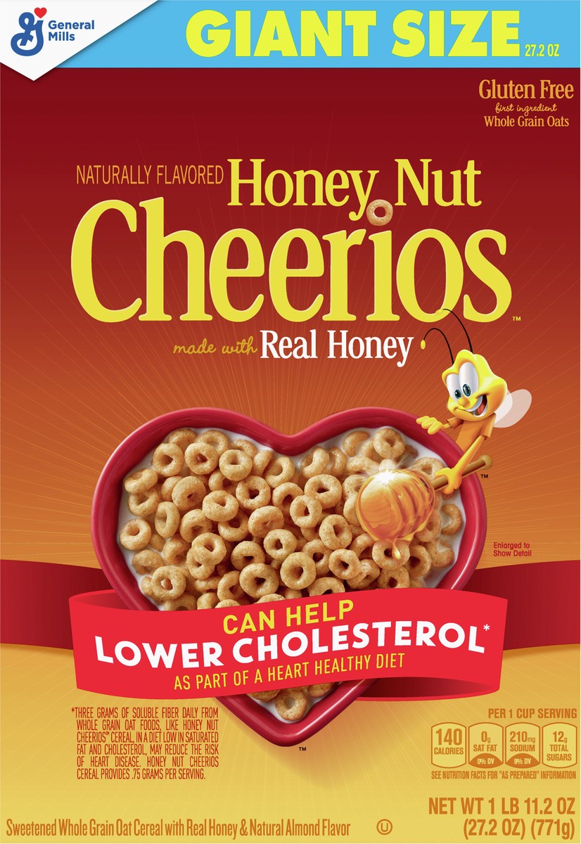 slide 6 of 9, Cheerios Honey Nut Cheerios Cereal, Limited Edition Happy Heart Shapes, Heart Healthy Cereal With Whole Grain Oats, Giant Size, 27.2 oz, 27.2 oz