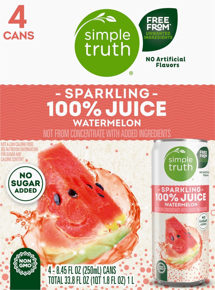 slide 4 of 4, Simple Truth Sparkling 100% Watermelon Juice Cans, 4 cans / 8.45 fl oz