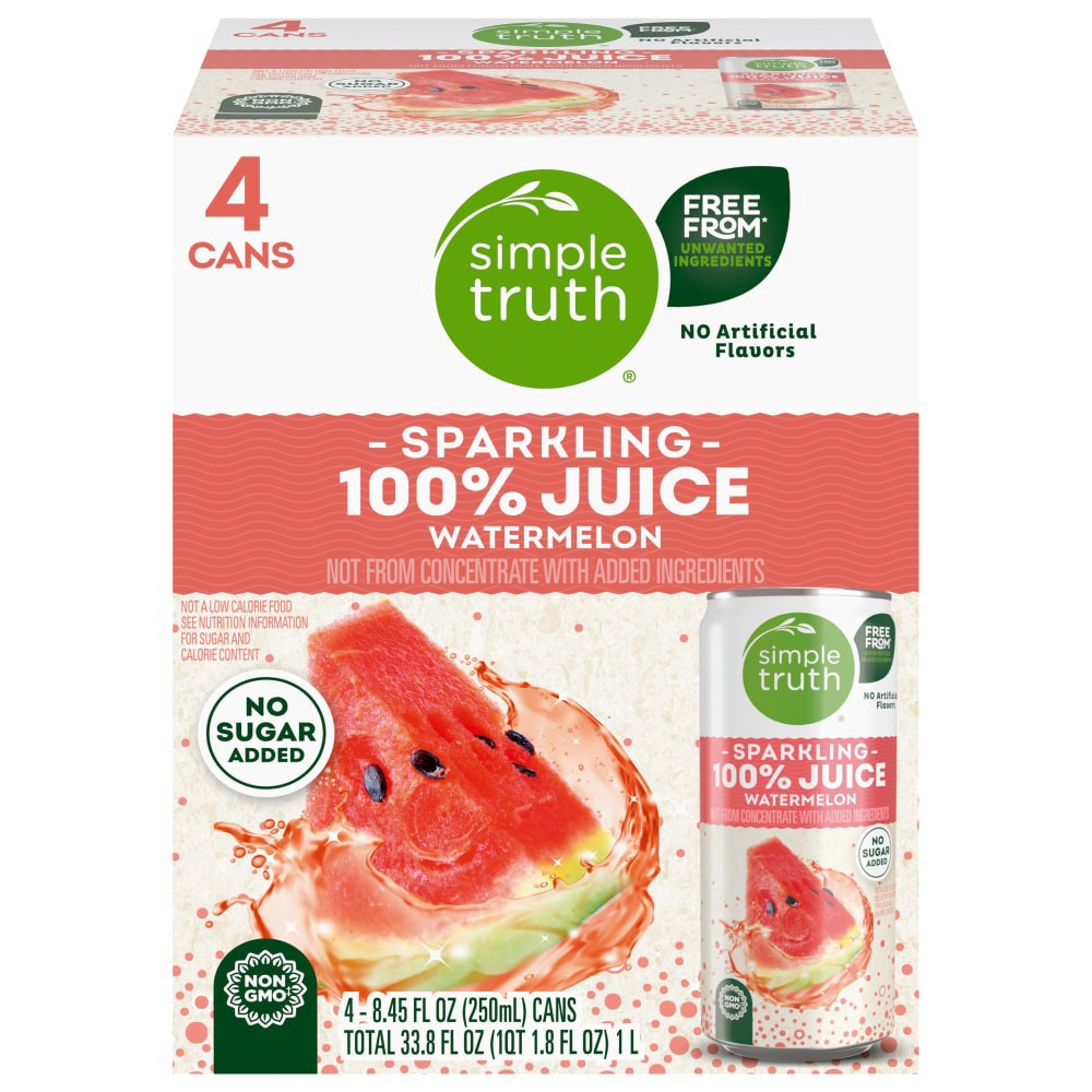 slide 1 of 4, Simple Truth Sparkling 100% Watermelon Juice Cans, 4 cans / 8.45 fl oz