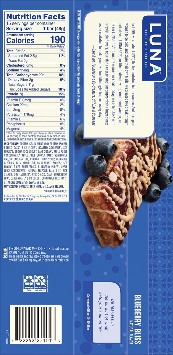 slide 5 of 12, LUNA Bar - Blueberry Bliss Flavor - Snack Bars - Non-GMO - Gluten-Free Protein Bars - Made with Organic Oats (15 Pack), 25.35 oz