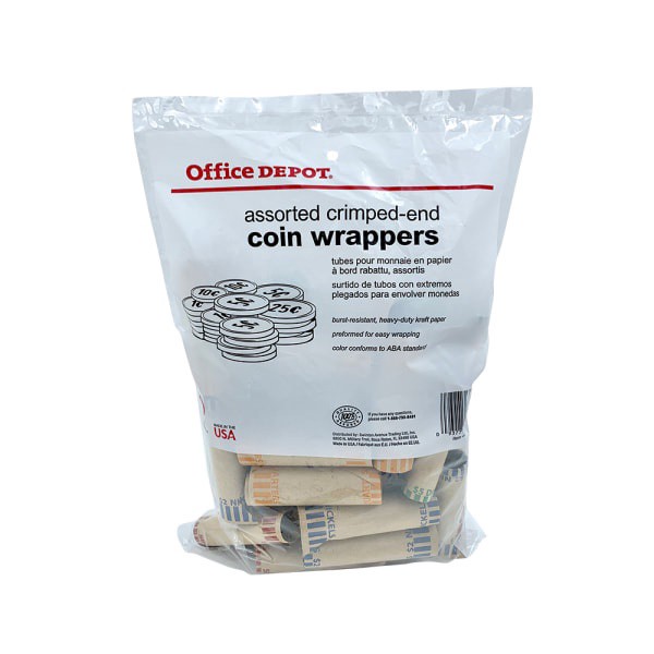 slide 1 of 3, Office Depot Brand Preformed Tubular Coin Wrappers, Assorted, Pack Of 48, 48 ct