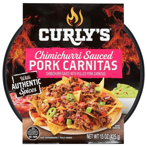 slide 1 of 1, Curly's Chimichurri Sauced Pork Carnitas 15 oz, 15 oz