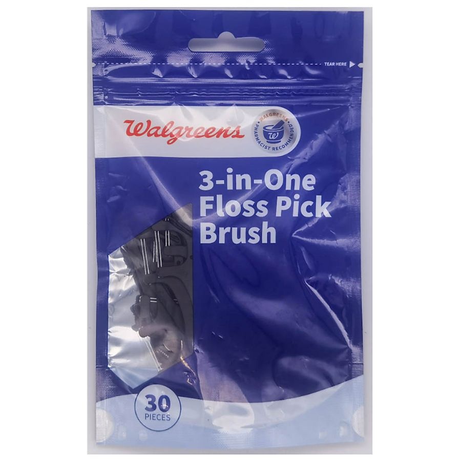slide 1 of 1, Walgreens 3-in-One Floss Pick Brush, 30 ct