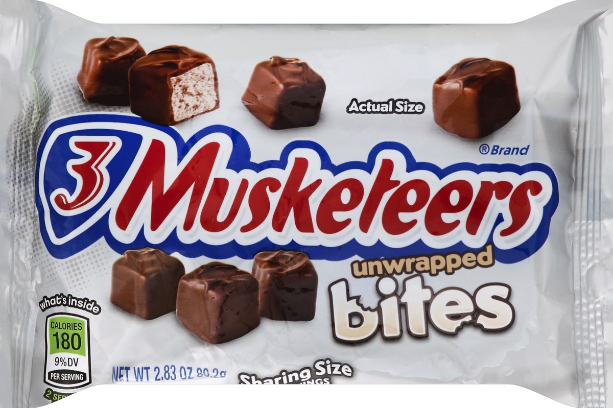 slide 5 of 5, 3 MUSKETEERS Unwrapped Bites Candy Bars, 2.83 oz