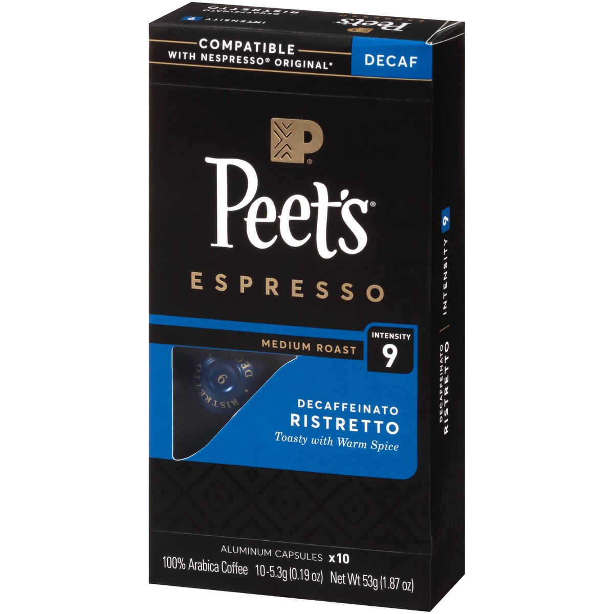 slide 9 of 9, Peet's Coffee, Ristretto Decaffeinated (Intensity 9) Medium Roast Capsules - 10ct Capsules, 10 ct