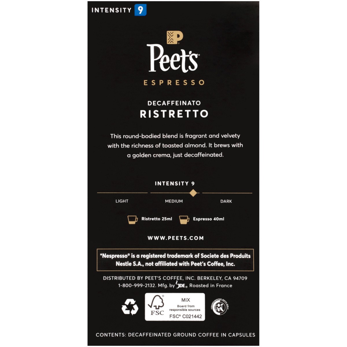 slide 6 of 9, Peet's Coffee, Ristretto Decaffeinated (Intensity 9) Medium Roast Capsules - 10ct Capsules, 10 ct