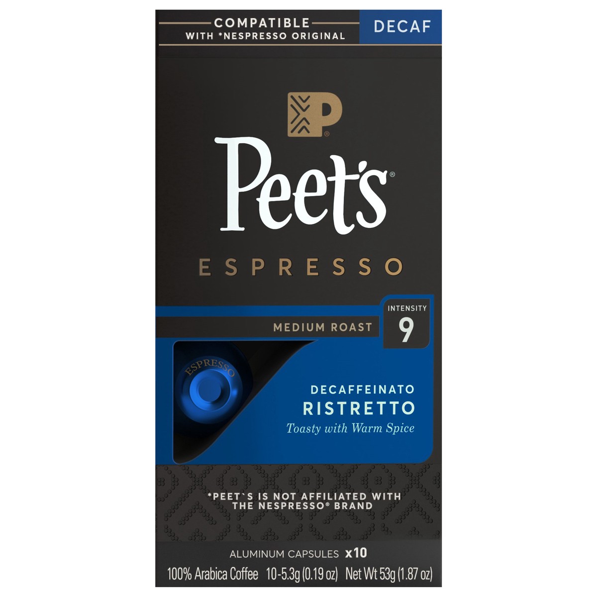 slide 1 of 9, Peet's Coffee, Ristretto Decaffeinated (Intensity 9) Medium Roast Capsules - 10ct Capsules, 10 ct