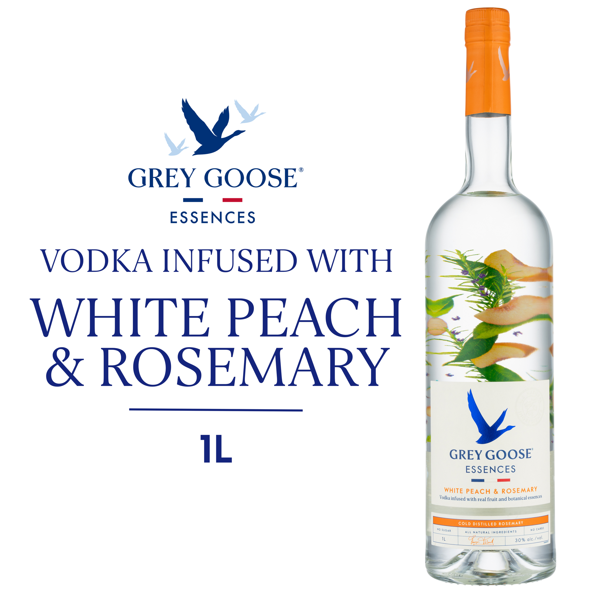 slide 5 of 5, 
Grey Goose Grey Goose Essences White Peach And Rosemary Vodka With Natural Flavors 30% 100Cl/1L, 1 liter
