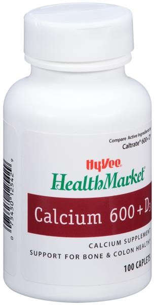 slide 1 of 1, Hy-Vee Healthmarket Calcium 600 + D3 Calcium Supplement Caplets, 100 ct