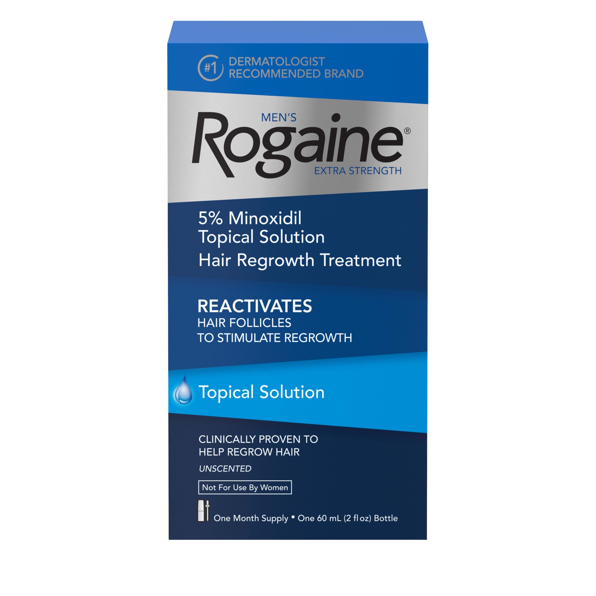 slide 1 of 5, Rogaine Men's Rogaine Extra Strength 5% Minoxidil Topical Solution for Hair Loss & Hair Regrowth, Topical Hair Regrowth Treatment for Men, Unscented Minoxidil Liquid, 1-Month Supply, 2 fl. oz, 2 fl oz