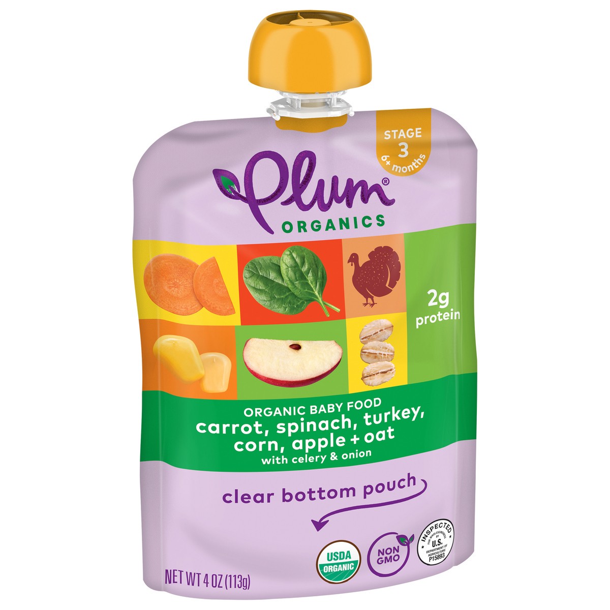 slide 8 of 9, Plum Organics Stage 3 Carrot, Spinach, Turkey, Corn, Apple + Oat 4oz Pouch, 4 oz