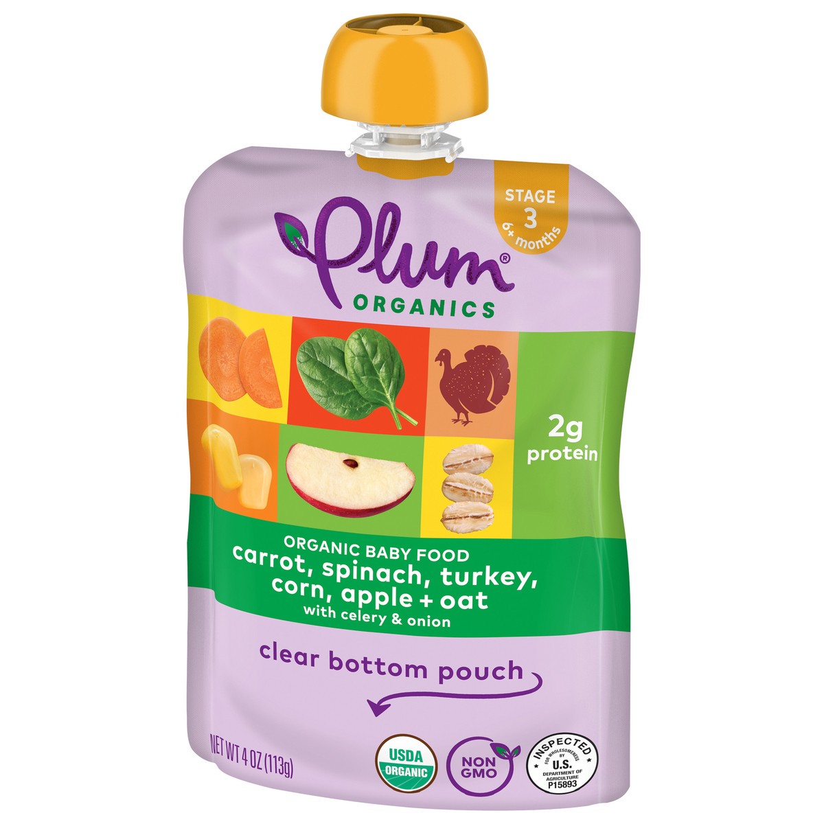 slide 9 of 9, Plum Organics Stage 3 Carrot, Spinach, Turkey, Corn, Apple + Oat 4oz Pouch, 4 oz