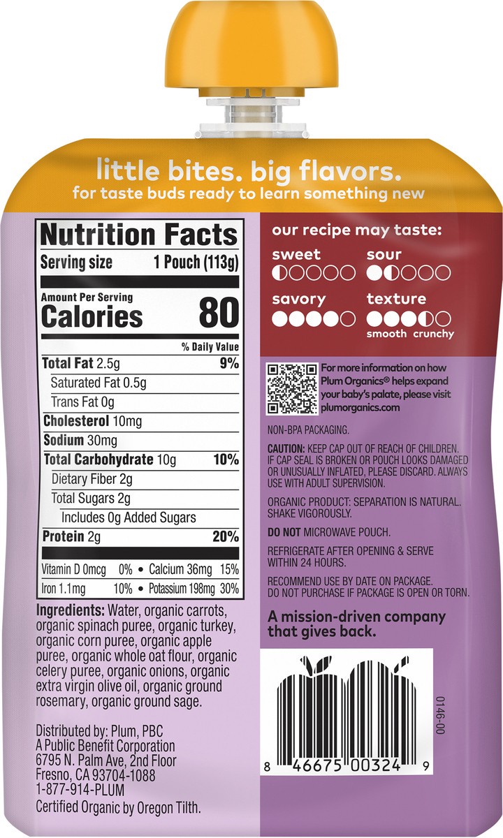 slide 2 of 9, Plum Organics Stage 3 Carrot, Spinach, Turkey, Corn, Apple + Oat 4oz Pouch, 4 oz