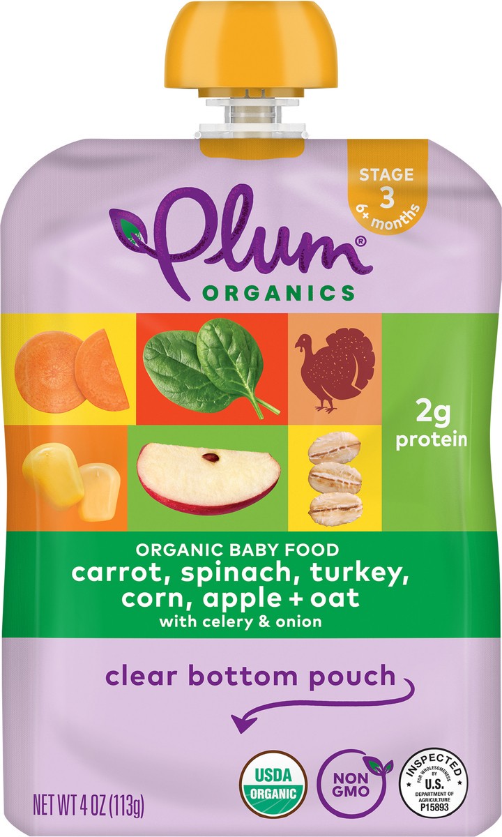 slide 3 of 9, Plum Organics Stage 3 Carrot, Spinach, Turkey, Corn, Apple + Oat 4oz Pouch, 4 oz