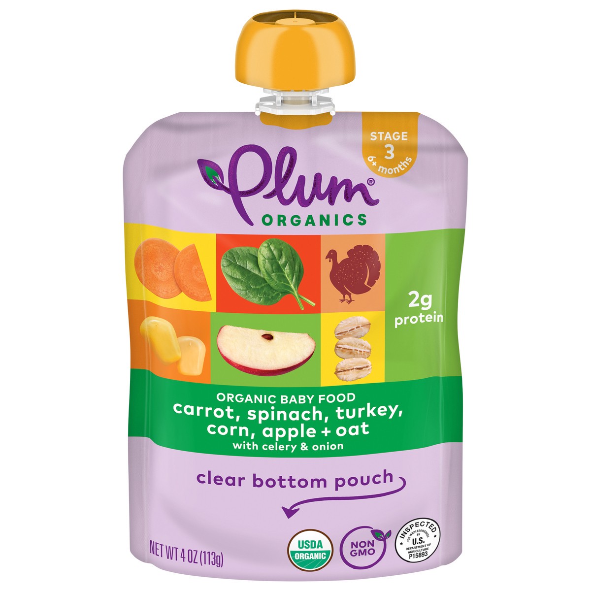 slide 1 of 9, Plum Organics Stage 3 Carrot, Spinach, Turkey, Corn, Apple + Oat 4oz Pouch, 4 oz