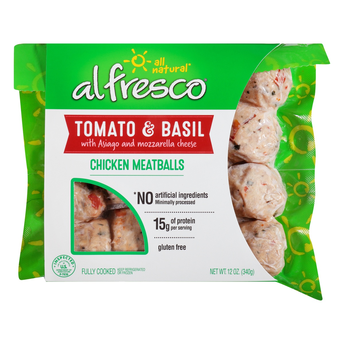 slide 1 of 1, Al Fresco Tomato Basil Chicken Fully Cooked Meatballs, 12 oz