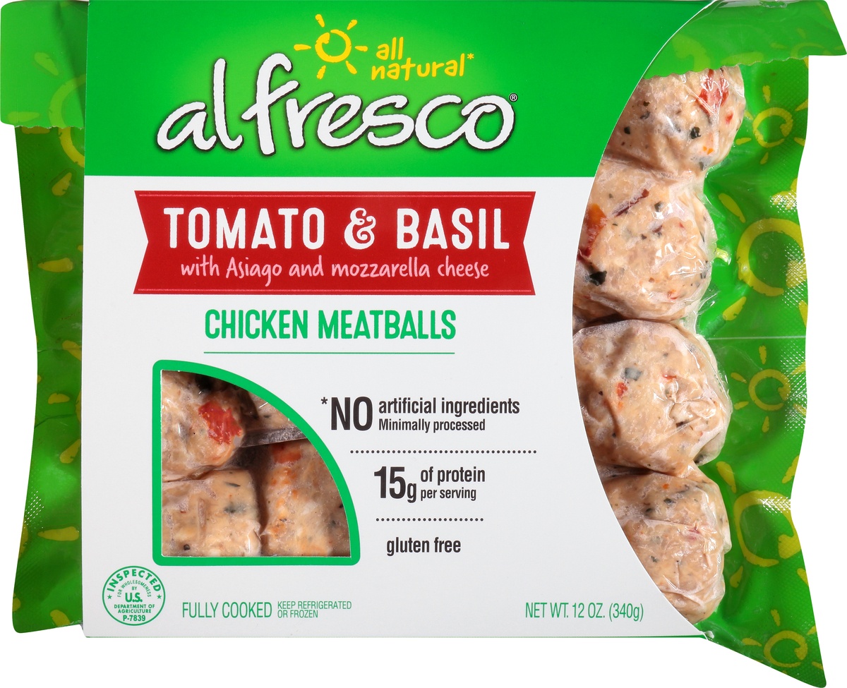 slide 9 of 10, Al Fresco Tomato Basil Chicken Fully Cooked Meatballs, 12 oz