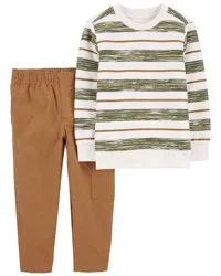 Carter's Baby 2-Piece Striped French Terry Tee & Pull-On Canvas Pant Set Green/White/Khaki 6M