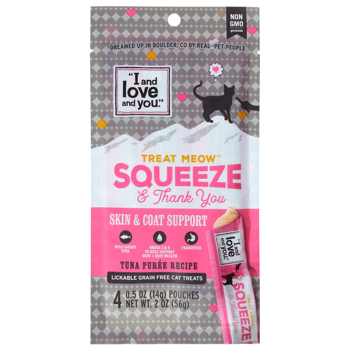 slide 1 of 9, I and Love and You Treat Meow Squeeze & Thank You Skin & Coat Support Tuna Puree Recipe Cat Treats 4 - 0.5 oz Pouches, 4 ct