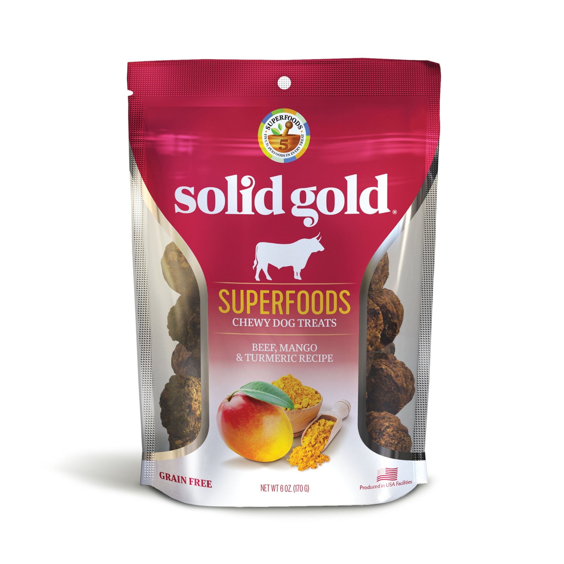 slide 1 of 1, Solid Gold Grain Free Beef, Mango & Turmeric Natural Chewy Dog Treats, 6 oz