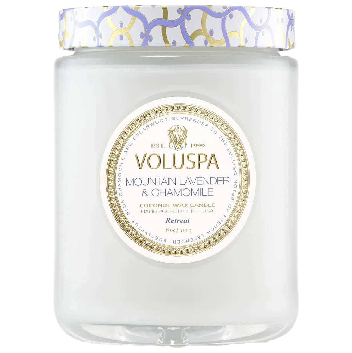 slide 1 of 1, Voluspa Mountain Lavender & Chamomile Large Jar Candle, 18 oz