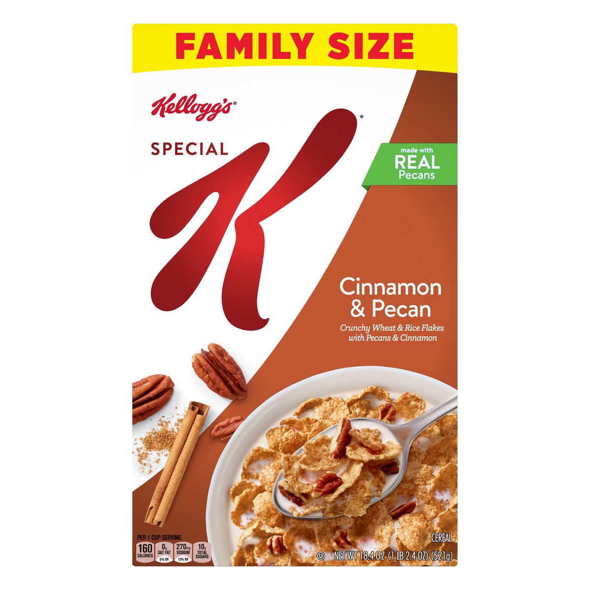 slide 1 of 7, Special K Kellogg's Special K Breakfast Cereal, 11 Vitamins and Minerals, Made with Real Pecans, Family Size, Cinnamon and Pecan, 18.4oz Box, 1 Box, 18.4 oz