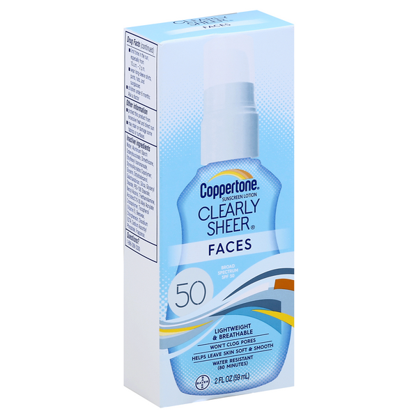 slide 1 of 1, Coppertone Clearly Sheer Facial Sunscreen Lotion with SPF 50, 2 fl oz