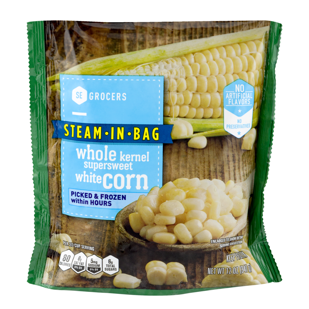 slide 1 of 1, SE Grocers Steam-In-Bag White Corn Whole Kernel Supersweet, 12 oz