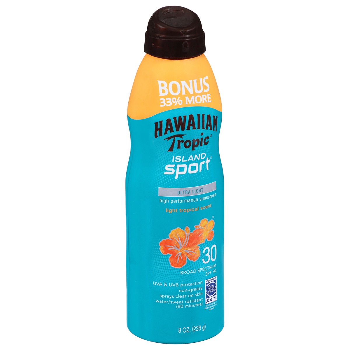 slide 7 of 10, Hawaiian Tropic Island Sport Broad Spectrum SPF 30 Light Tropical Scent Ultra Light Sunscreen 8 oz, 8 oz