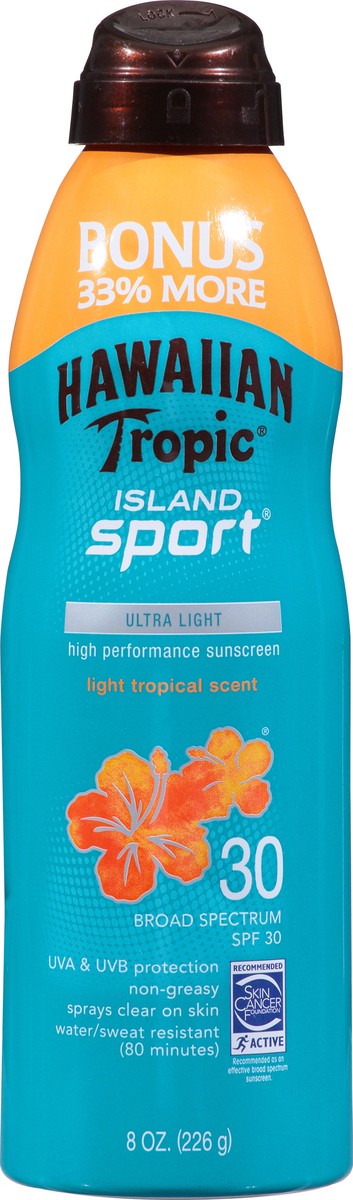 slide 3 of 10, Hawaiian Tropic Island Sport Broad Spectrum SPF 30 Light Tropical Scent Ultra Light Sunscreen 8 oz, 8 oz