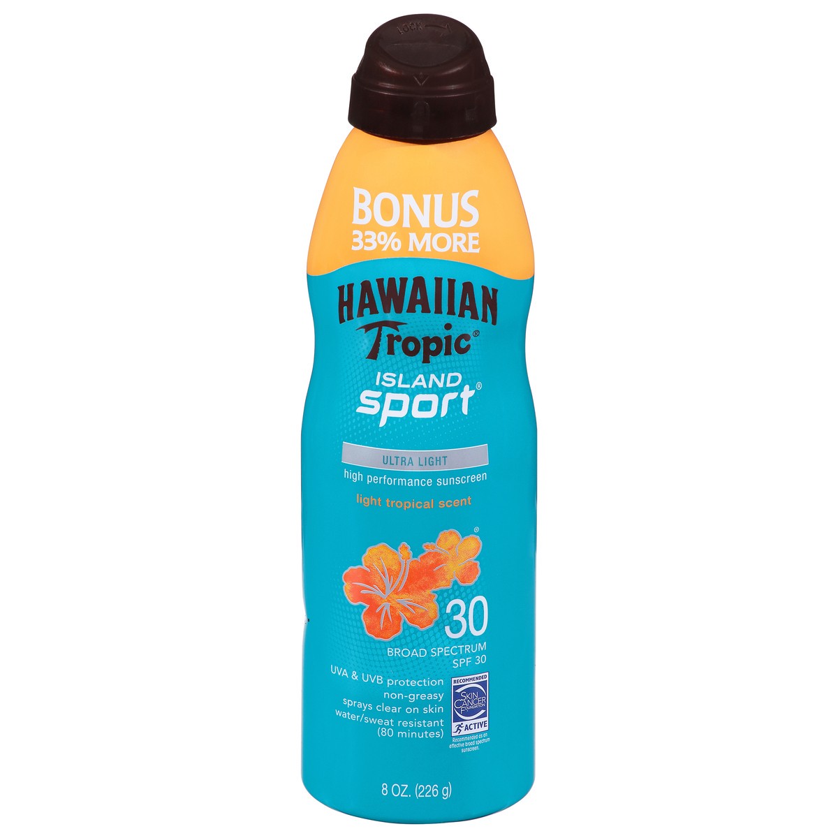 slide 6 of 10, Hawaiian Tropic Island Sport Broad Spectrum SPF 30 Light Tropical Scent Ultra Light Sunscreen 8 oz, 8 oz