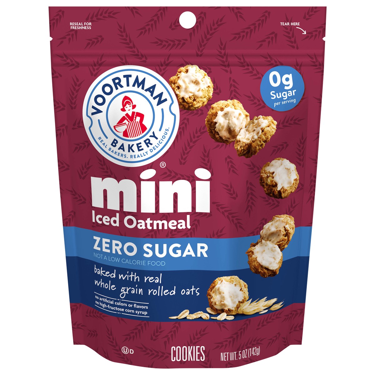 slide 1 of 6, VOORTMAN Bakery Zero Sugar Mini Iced Oatmeal Cookies, Baked with Real Whole Grain Oats, Resealable Bag, 5 oz, 8 oz