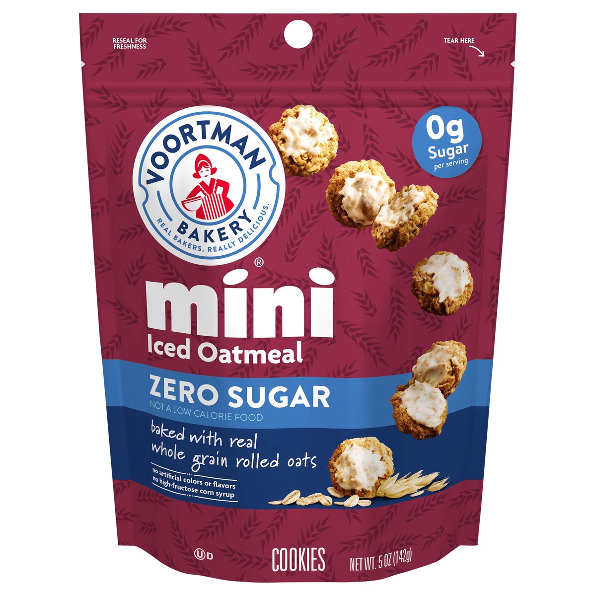 slide 1 of 1, VOORTMAN Bakery Zero Sugar Mini Iced Oatmeal Cookies, Baked with Real Whole Grain Oats, Resealable Bag, 5 oz, 5 oz