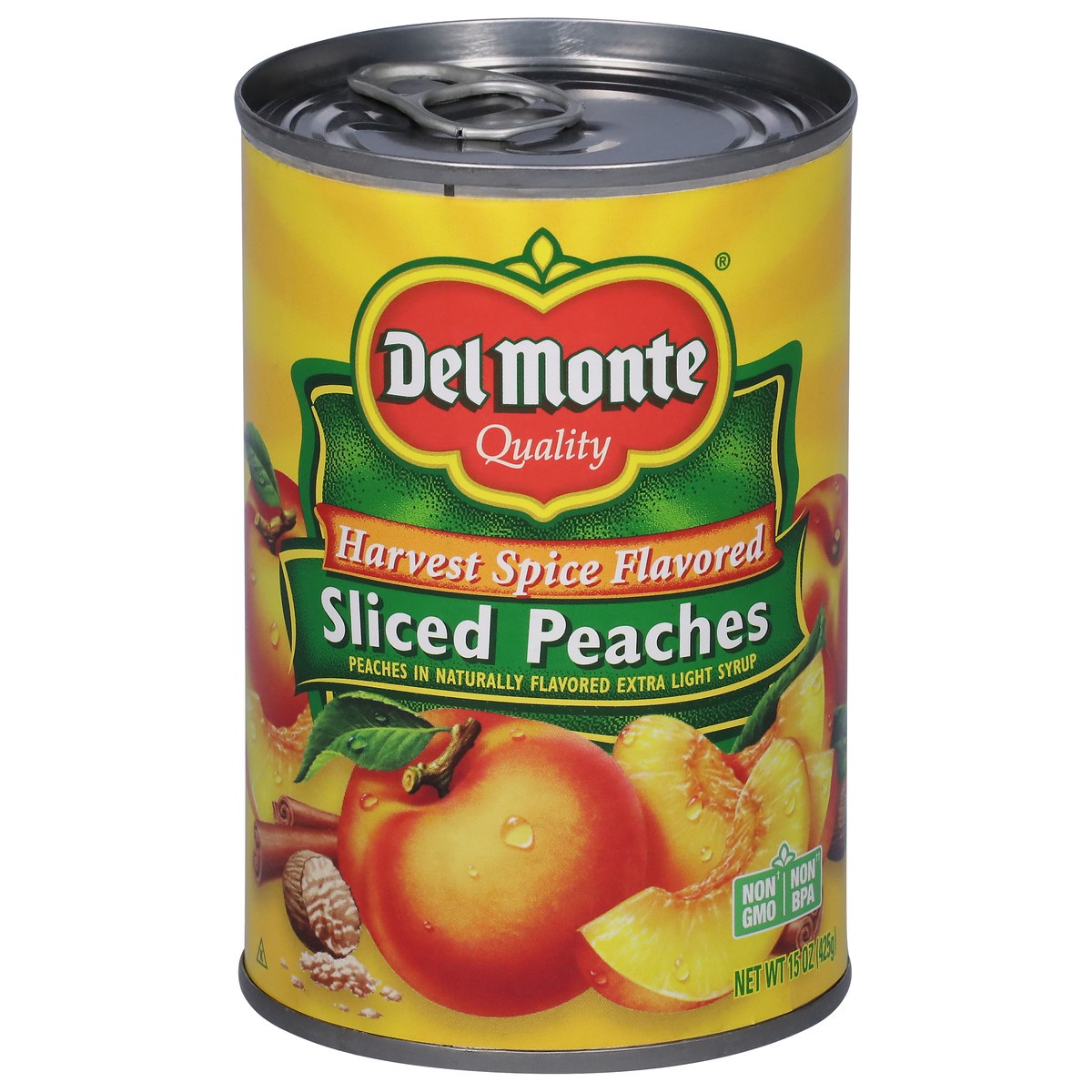 slide 1 of 9, Del Monte Harvest Spice Flavored Sliced Peaches in Naturally Flavored Extra Light Syrup 15 oz, 15 oz