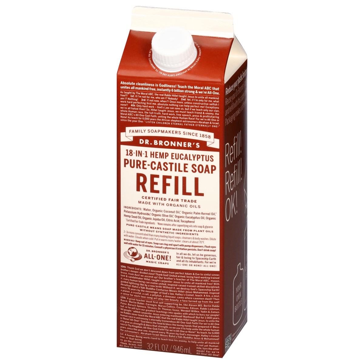 slide 13 of 13, Dr. Bronner's Pure-Castile Soap Refill Carton - Eucalyptus, 32 fl oz