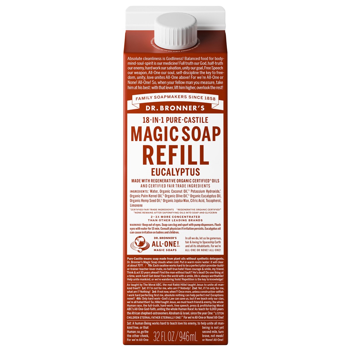 slide 1 of 13, Dr. Bronner's Pure-Castile Soap Refill Carton - Eucalyptus, 32 fl oz