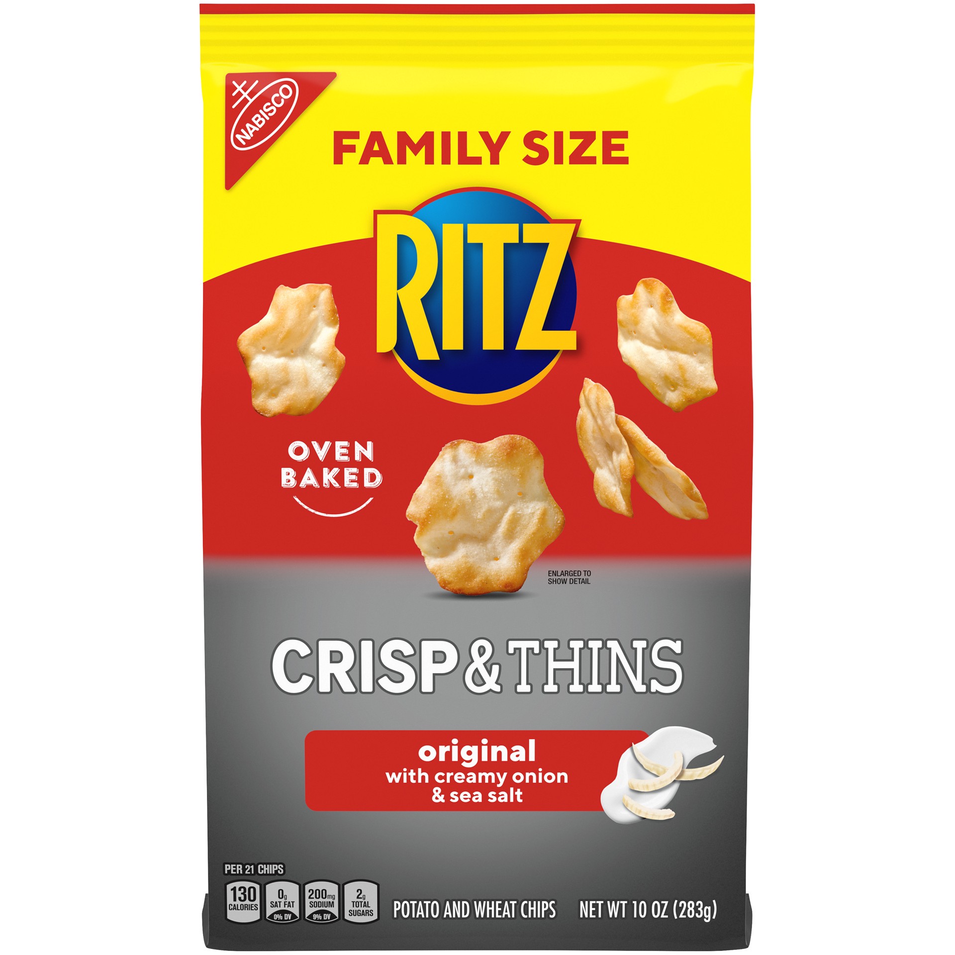 slide 1 of 11, RITZ Crisp and Thins Original with Creamy Onion and Sea Salt, Family Size, 10 oz, 0.62 lb
