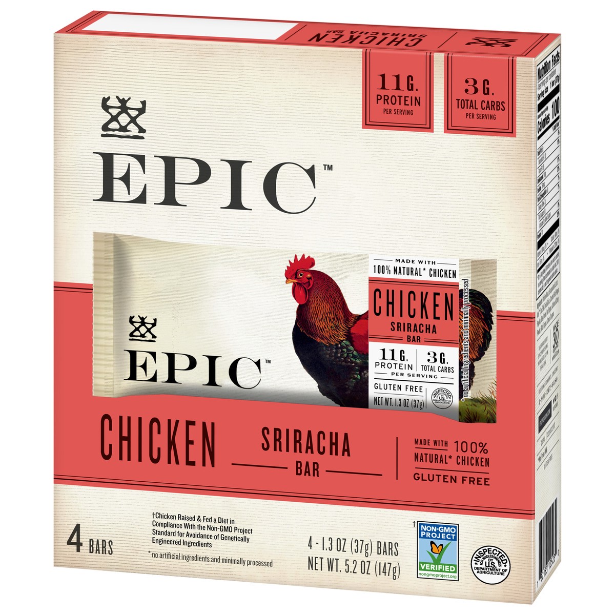 slide 9 of 14, EPIC Protein Bars, Chicken Sriracha, Keto and Paleo Friendly, 1.3 oz, 4 ct, 4 ct