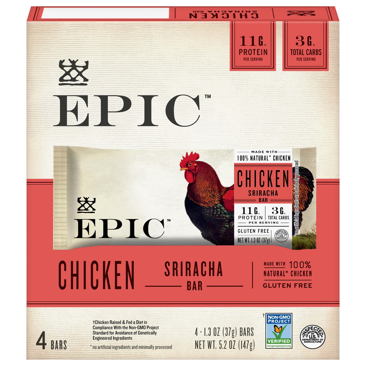 slide 10 of 14, EPIC Protein Bars, Chicken Sriracha, Keto and Paleo Friendly, 1.3 oz, 4 ct, 4 ct