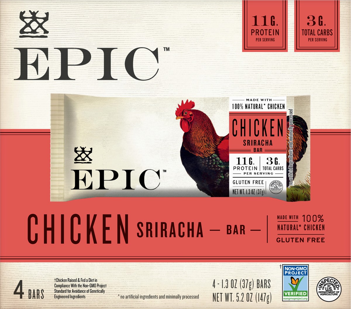 slide 5 of 14, EPIC Protein Bars, Chicken Sriracha, Keto and Paleo Friendly, 1.3 oz, 4 ct, 4 ct