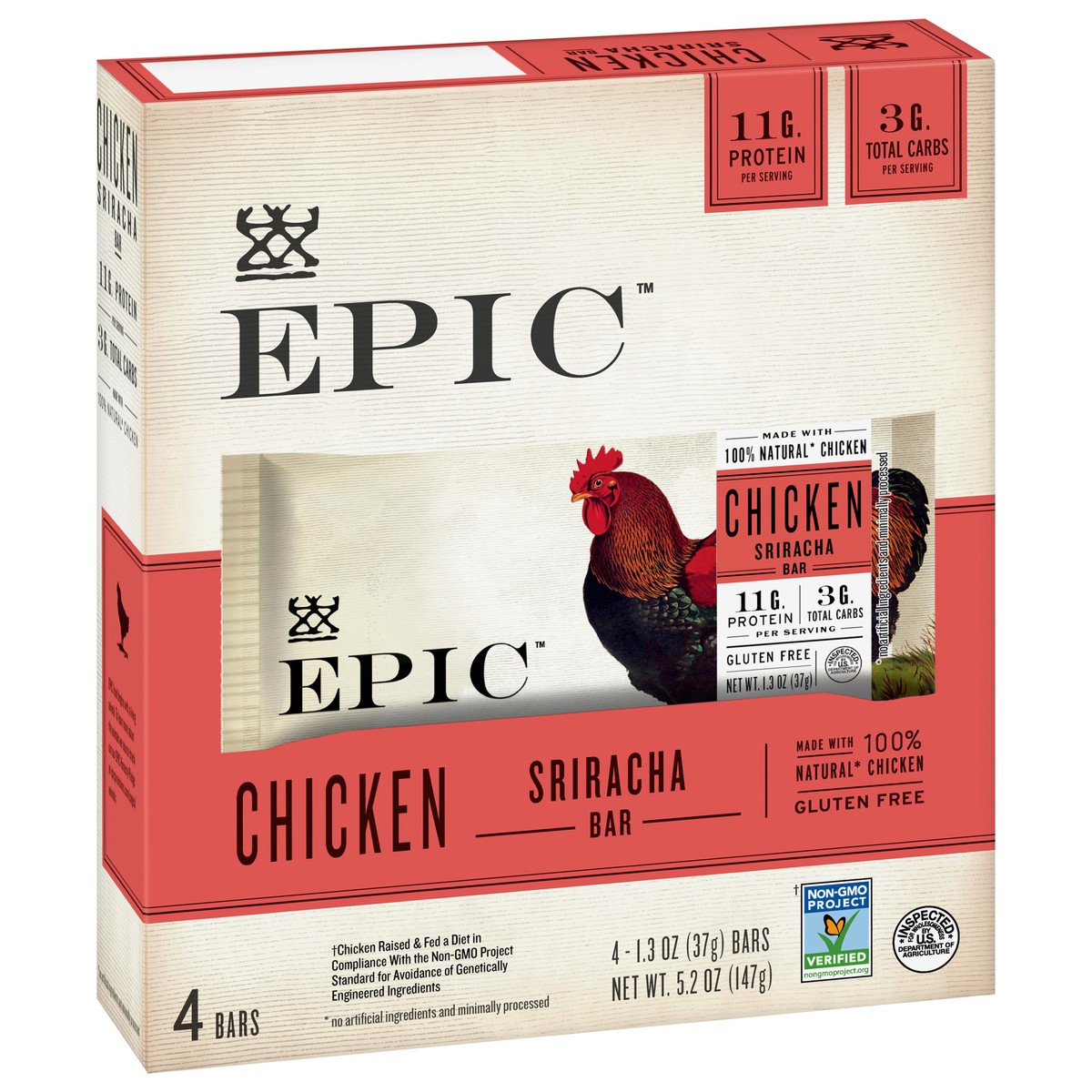slide 11 of 14, EPIC Protein Bars, Chicken Sriracha, Keto and Paleo Friendly, 1.3 oz, 4 ct, 4 ct